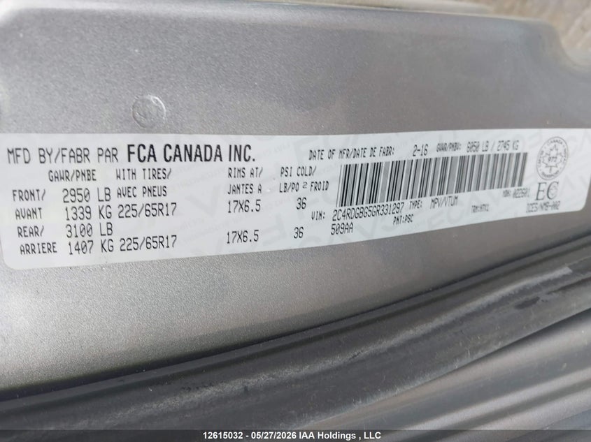 2016 Dodge Caravan 3.6 Grand Se grey Lot 111012615032 Vin 2C4RDGBG5GR331297