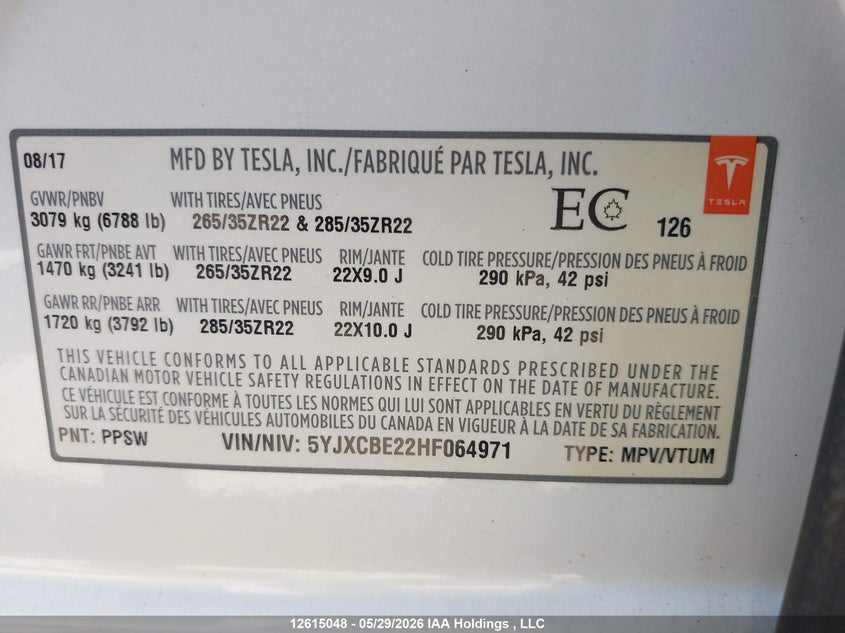 2017 Tesla Model X VIN: 5YJXCBE22HF064971 Lot: 12615048