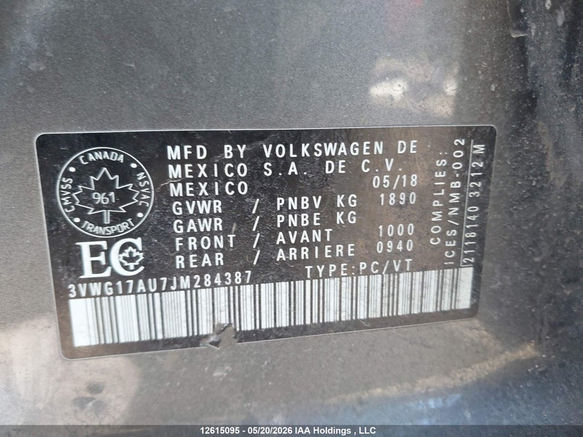 2018 Volkswagen Golf S/Se VIN: 3VWG17AU7JM284387 Lot: 12615095