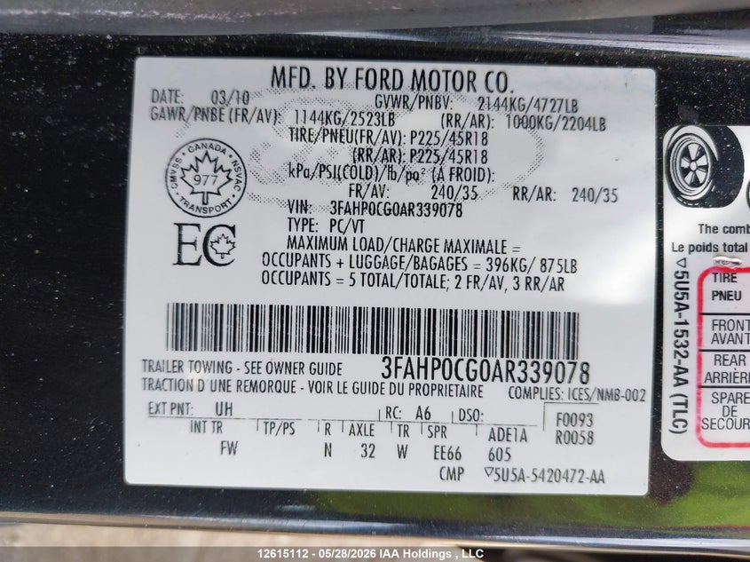 2010 Ford Fusion Sel VIN: 3FAHP0CG0AR339078 Lot: 12615112