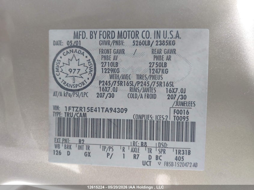 2001 Ford Ranger Xlt VIN: 1FTZR15E41TA94309 Lot: 12615224