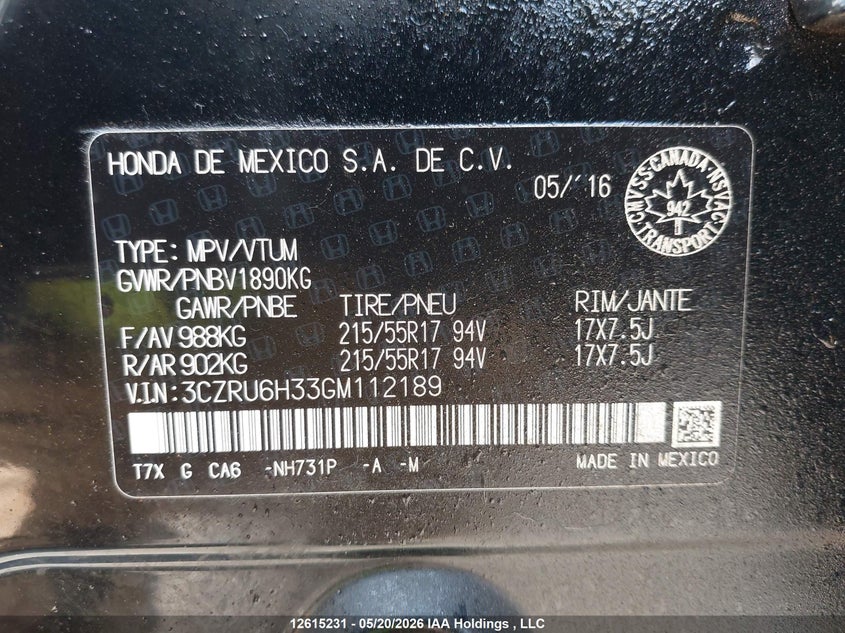 2016 Honda Hr-V Lx VIN: 3CZRU6H33GM112189 Lot: 12615231
