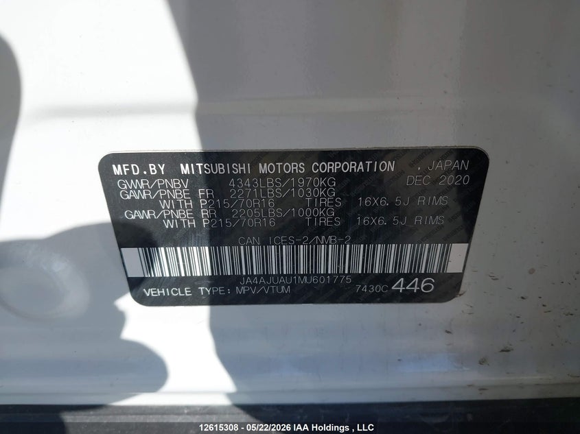 2021 Mitsubishi Rvr VIN: JA4AJUAU1MU601775 Lot: 12615308