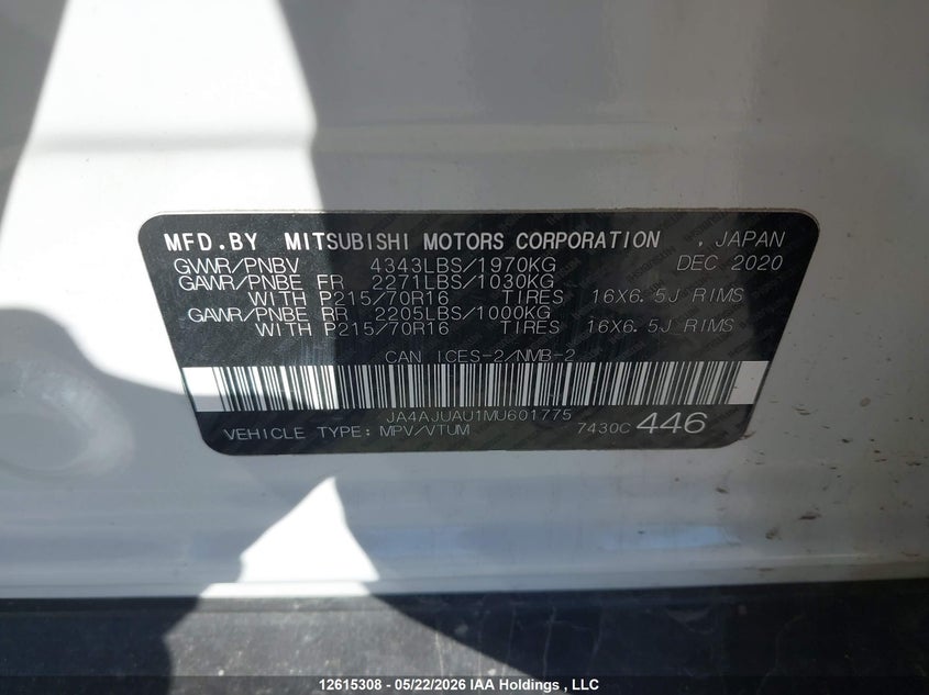 2021 Mitsubishi Rvr VIN: JA4AJUAU1MU601775 Lot: 12615308