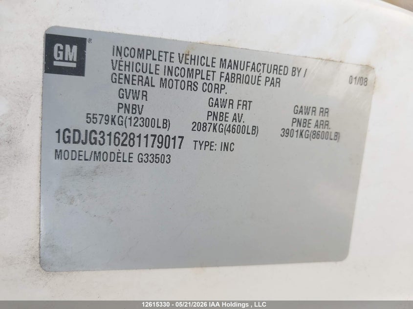 2008 GMC Savana G35 Cutaway VIN: 1GDJG316281179017 Lot: 12615330