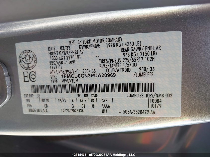 2023 FORD ESCAPE SPORT UTILITY VEHICLE 1.5L I-3 DI, DOHC, VVT, TURBO, 180HP