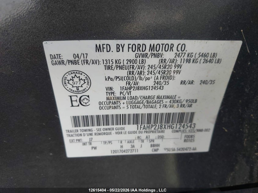 2017 Ford Taurus Limited VIN: 1FAHP2J8XHG124543 Lot: 12615404