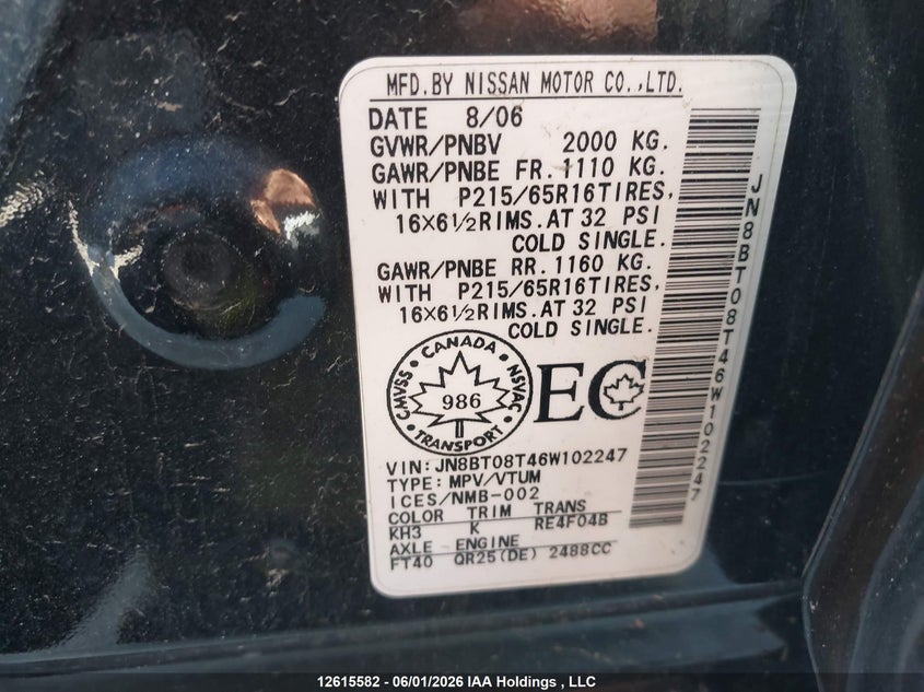 2006 Nissan X-Trail Xe/Se/Le VIN: JN8BT08T46W102247 Lot: 12615582