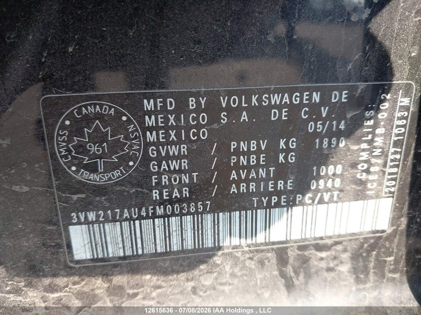 2015 Volkswagen Golf 1.8 Tsi Comfortline/1.8 Tsi Highline/1.8 Tsi Trendline VIN: 3VW217AU4FM003857 Lot: 12615636