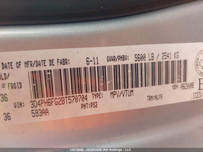 2011 Dodge Journey 3.6 R/T silver Lot 111012615696 Vin 3D4PH6FG2BT570704