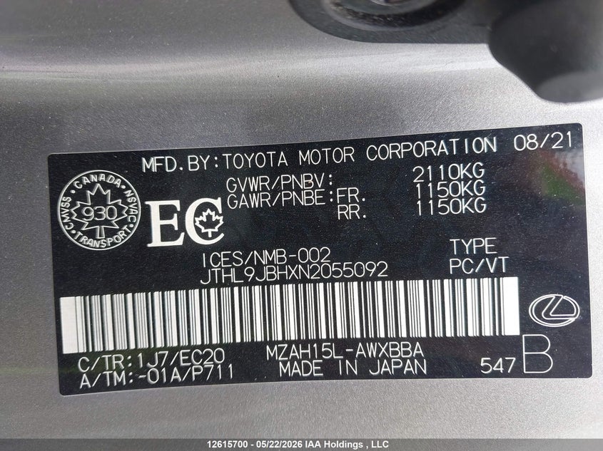 2022 Lexus Ux 250H VIN: JTHL9JBHXN2055092 Lot: 12615700