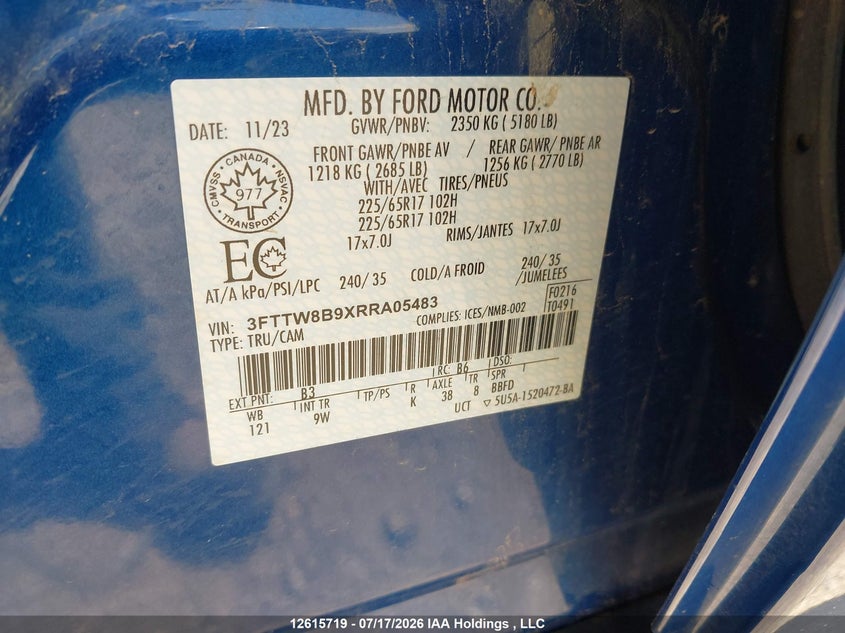 2024 Ford Maverick Xl VIN: 3FTTW8B9XRRA05483 Lot: 12615719