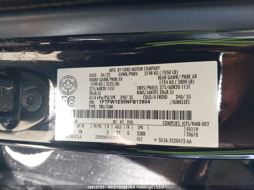 2022 Ford F-150 VIN: 1FTFW1E55NFB13904 Lot: 12615753