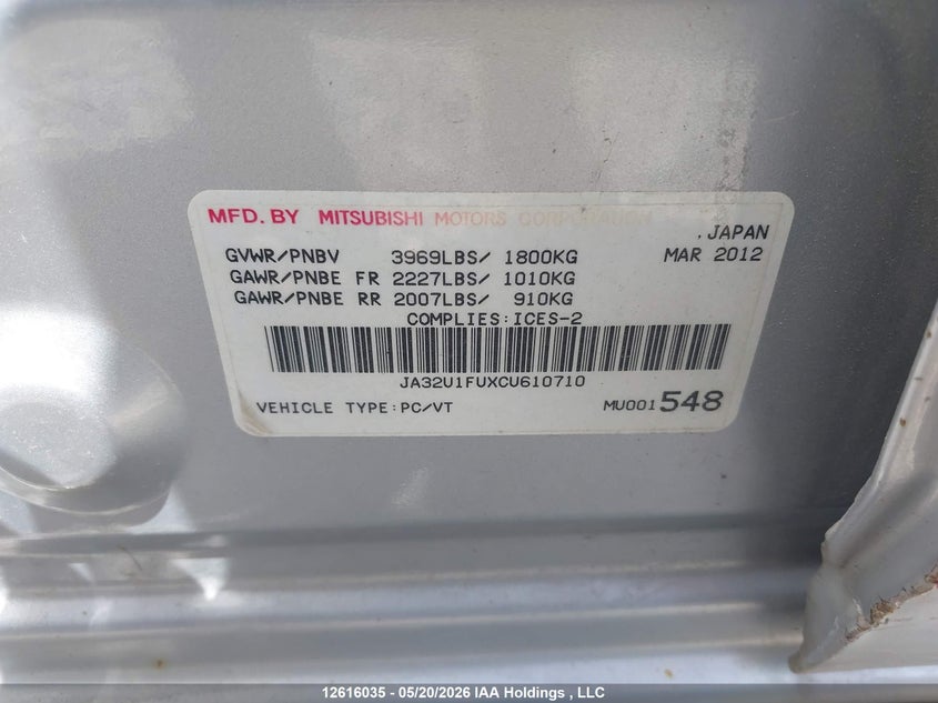 2012 Mitsubishi Lancer De VIN: JA32U1FUXCU610710 Lot: 12616035