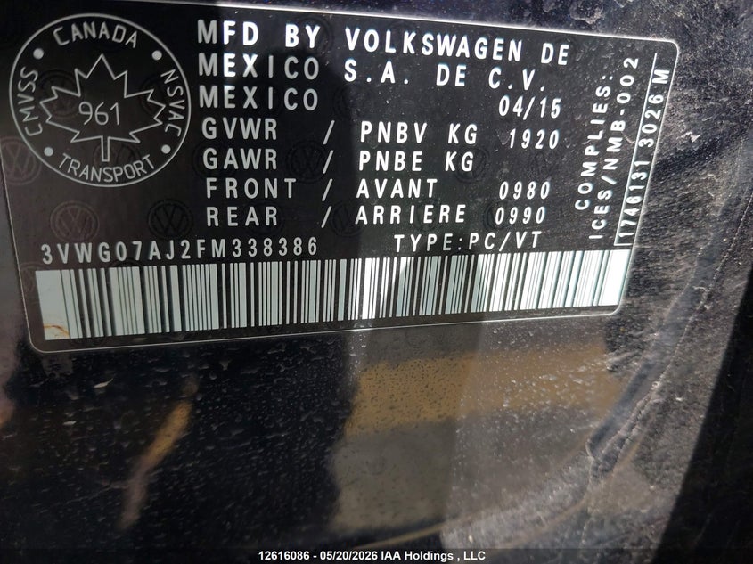 2015 Volkswagen Jetta 1.8 Tsi Highline VIN: 3VWG07AJ2FM338386 Lot: 12616086