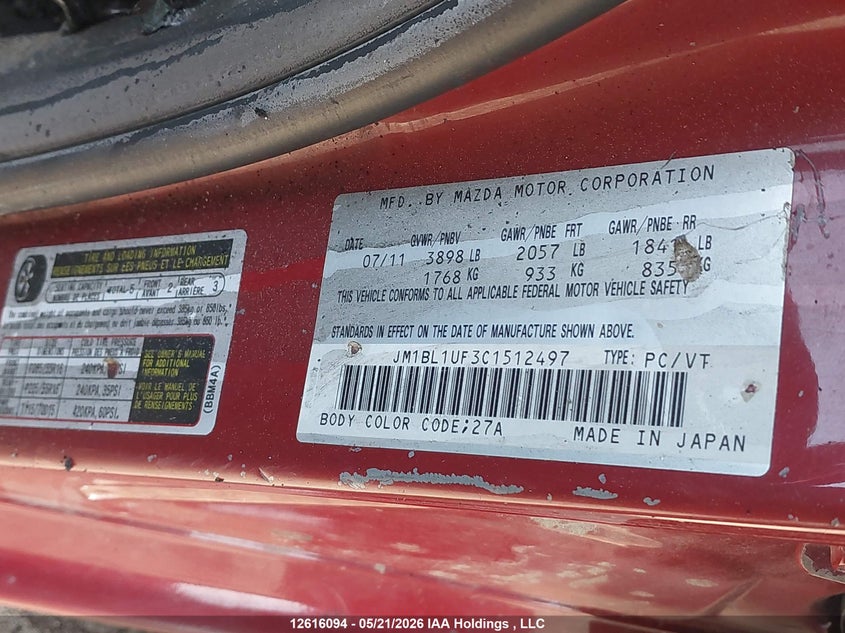 2012 Mazda 3 2.0 Azda3 red Lot 111012616094 Vin JM1BL1UF3C1512497