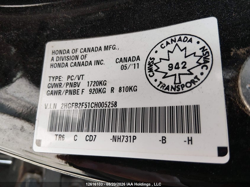 2012 HONDA CIVIC SEDAN 1.8L I-4 VVT, 140HP