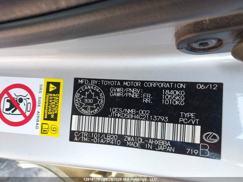 2012 Lexus Ct 200H VIN: JTHKD5BH4C2113793 Lot: 12616115