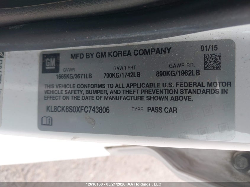 2015 Chevrolet Spark Ev 1Lt VIN: KL8CK6S0XFC743806 Lot: 12616160