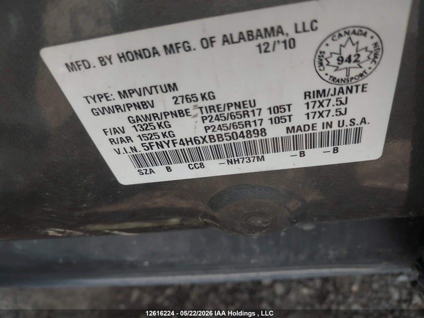 2011 Honda Pilot VIN: 5FNYF4H6XBB504898 Lot: 12616224