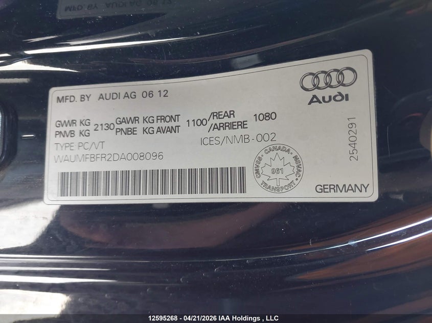 2013 Audi A5 2.0T Premium VIN: WAUMFBFR2DA008096 Lot: 12595268X