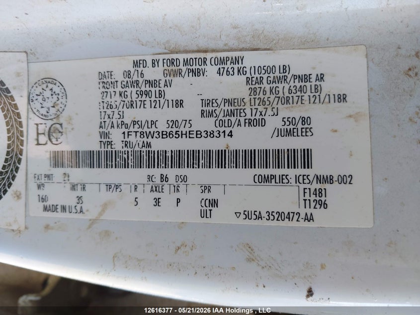 2017 Ford F350 Super Duty VIN: 1FT8W3B65HEB38314 Lot: 12616377
