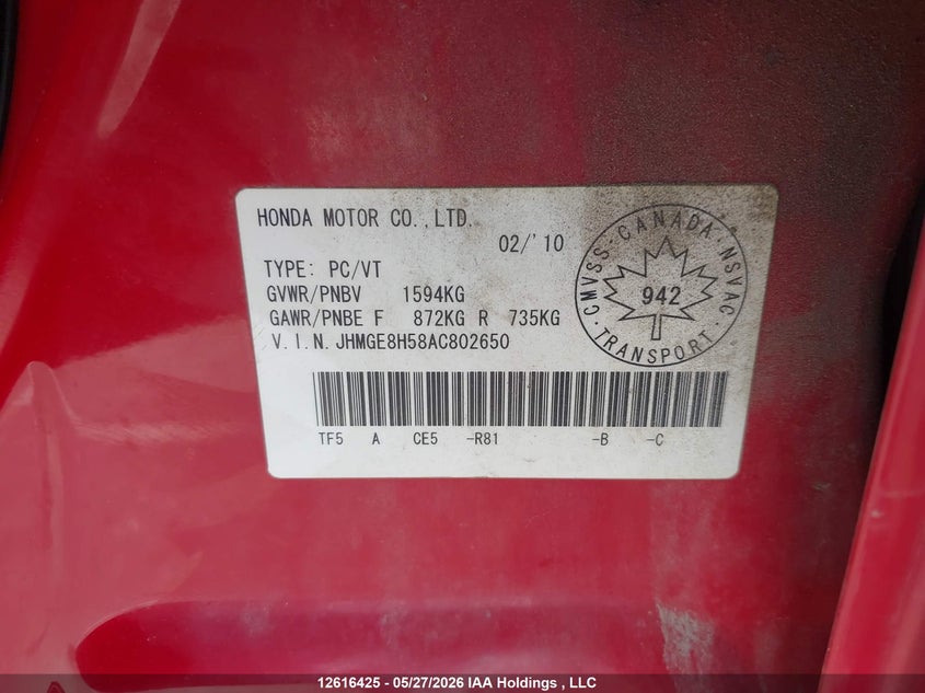 2010 Honda Fit Lx VIN: JHMGE8H58AC802650 Lot: 12616425