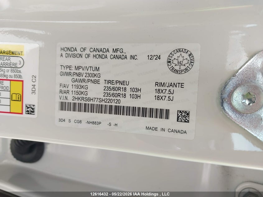 2025 Honda Cr-V Ex-L Hybrid VIN: 2HKRS6H77SH220120 Lot: 12616432