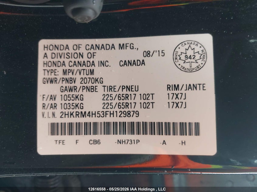 2015 Honda Cr-V Ex VIN: 2HKRM4H53FH129879 Lot: 12616558