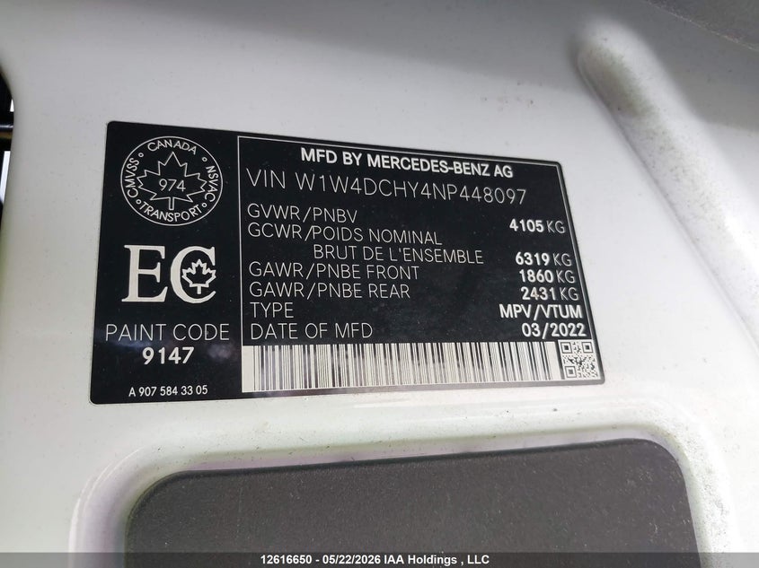 2022 Mercedes-Benz Sprinter 2500 VIN: W1W4DCHY4NP448097 Lot: 12616650
