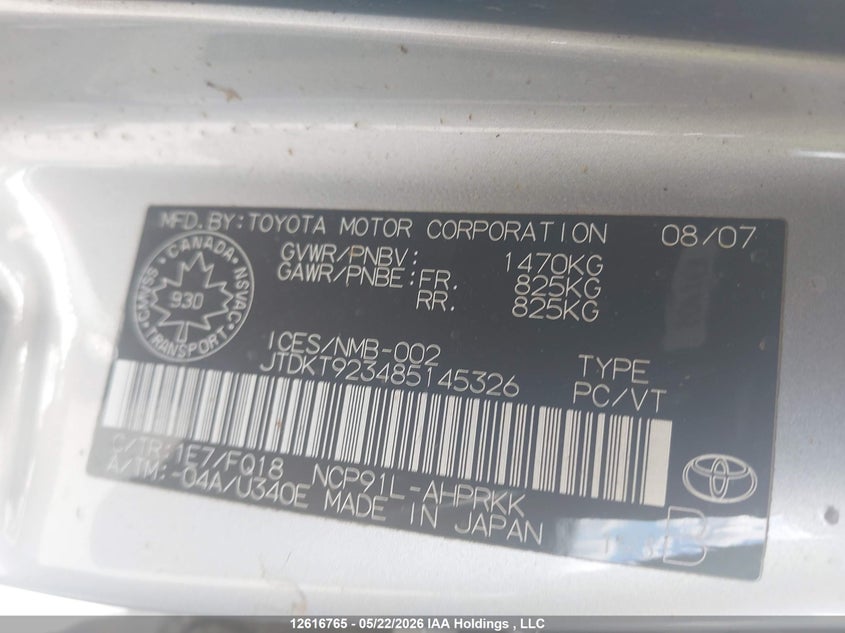 2008 Toyota Yaris VIN: JTDKT923485145326 Lot: 12616765