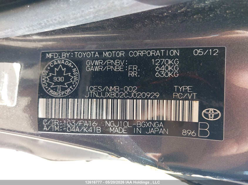 2012 Scion Iq VIN: JTNJJXB02CJ020929 Lot: 12616777