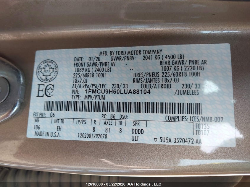 2020 Ford Escape Sel VIN: 1FMCU9H60LUA88104 Lot: 12616800