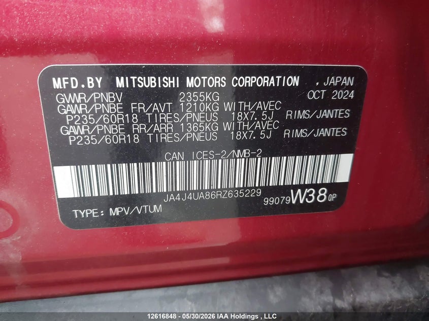 2024 Mitsubishi Outlander Es VIN: JA4J4UA86RZ635229 Lot: 12616848