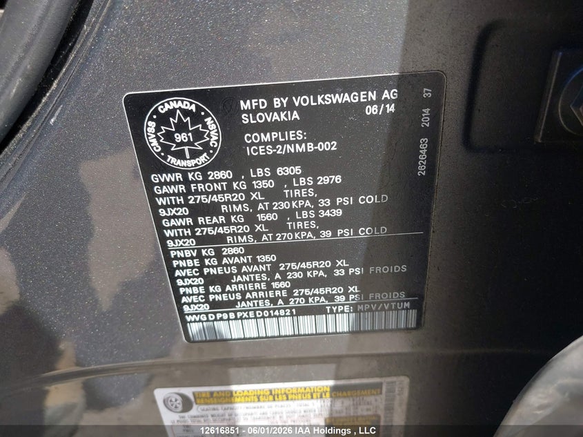 2014 Volkswagen Touareg Tdi VIN: WVGDP9BPXED014821 Lot: 12616851