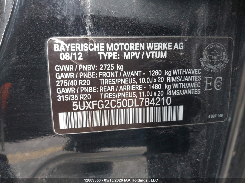 2013 BMW X6 xDrive35I VIN: 5UXFG2C50DL784210 Lot: 12609353X