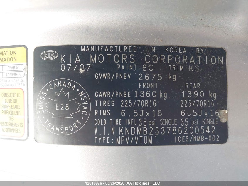 2008 Kia Sedona Ex/Lx VIN: KNDMB233786200542 Lot: 12616976
