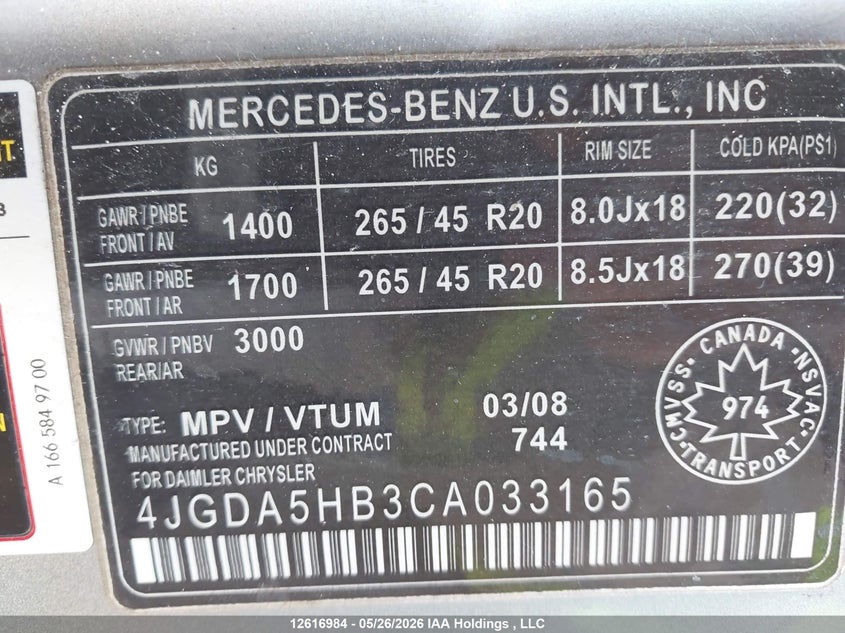 2012 Mercedes-Benz Ml 350 4Matic VIN: 4JGDA5HB3CA033165 Lot: 12616984