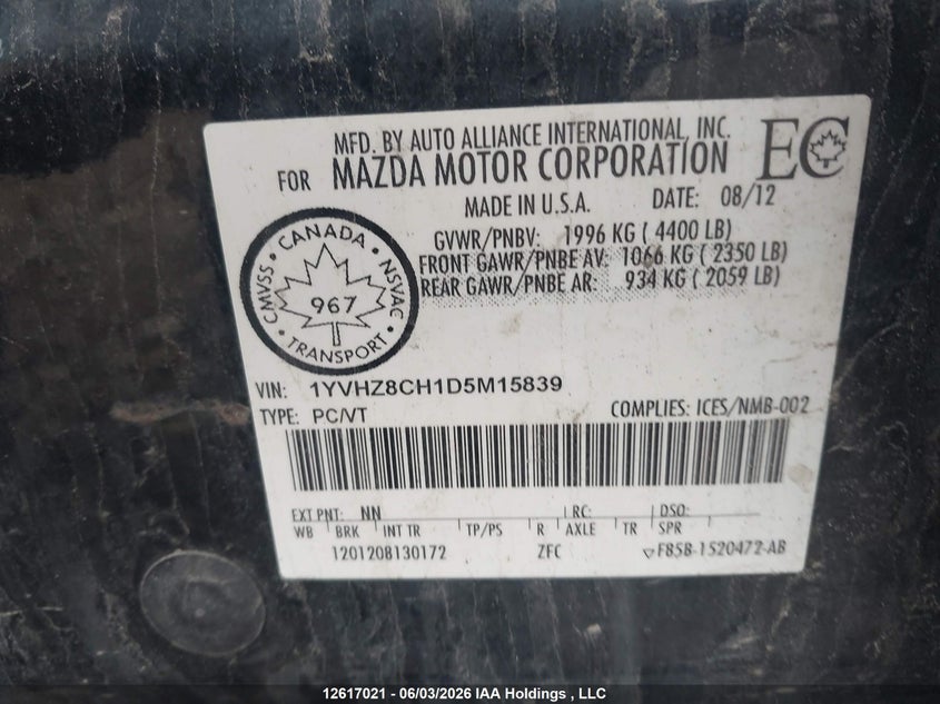 2013 Mazda Mazda6 Gt-I4 VIN: 1YVHZ8CH1D5M15839 Lot: 12617021