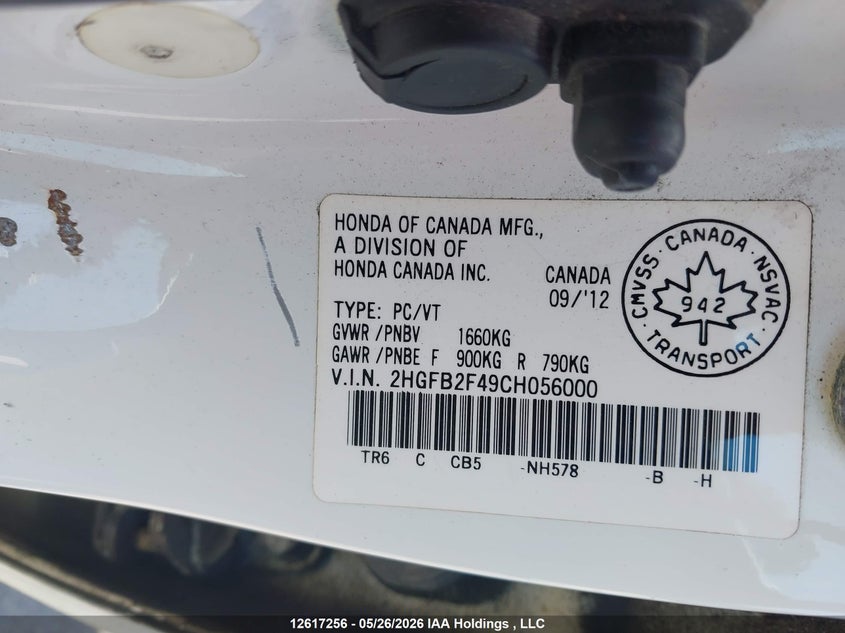 2012 Honda Civic 1.8 white Lot 111012617256 Vin 2HGFB2F49CH056000