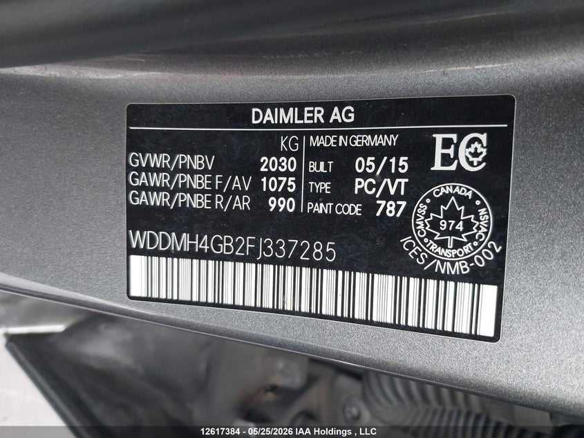 2015 Mercedes-Benz B 250 4Matic Sports Tourer VIN: WDDMH4GB2FJ337285 Lot: 12617384