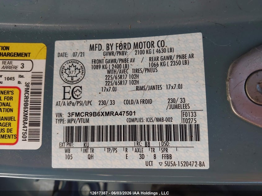 2021 Ford Bronco Sport Big Bend VIN: 3FMCR9B6XMRA47501 Lot: 12617387