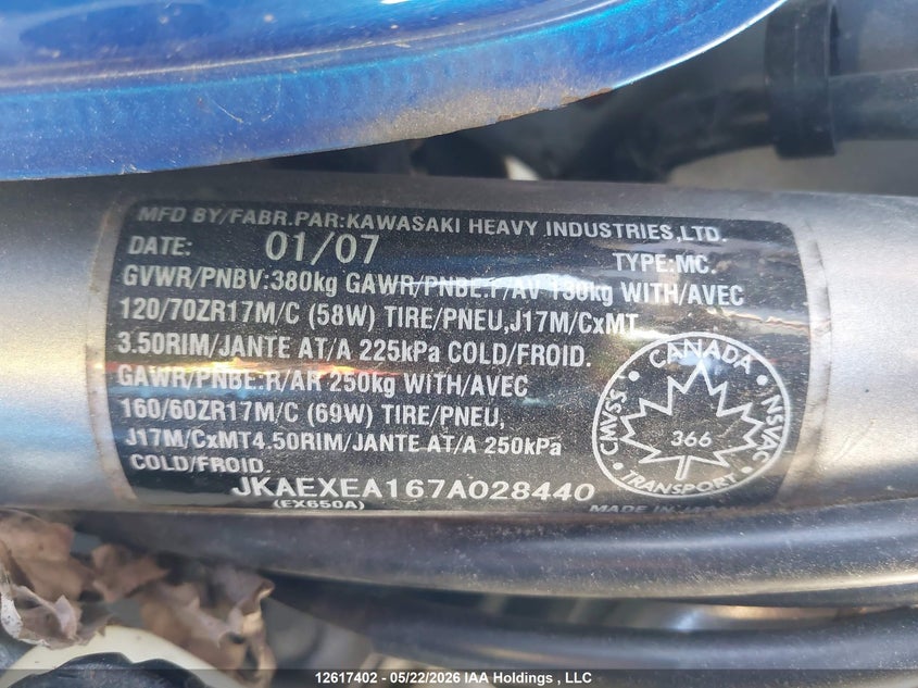 2007 Kawasaki Ex650 A VIN: JKAEXEA167A028440 Lot: 12617402