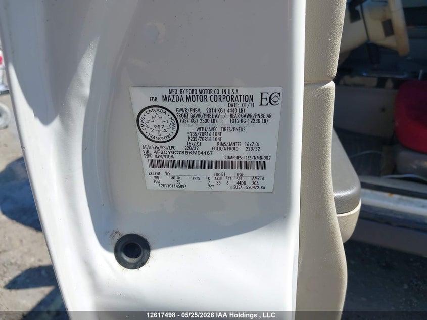 2011 Mazda Tribute VIN: 4F2CY0C78BKM04167 Lot: 12617498