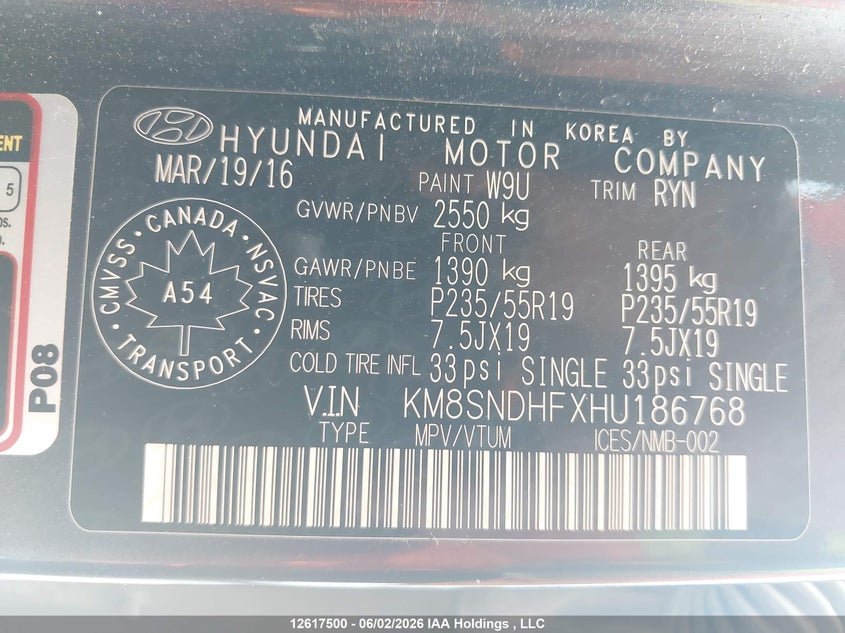 2017 Hyundai Santa Fe Se/Limited VIN: KM8SNDHFXHU186768 Lot: 12617500