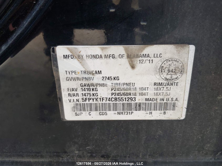 2012 Honda Ridgeline Sport VIN: 5FPYK1F74CB551293 Lot: 12617556