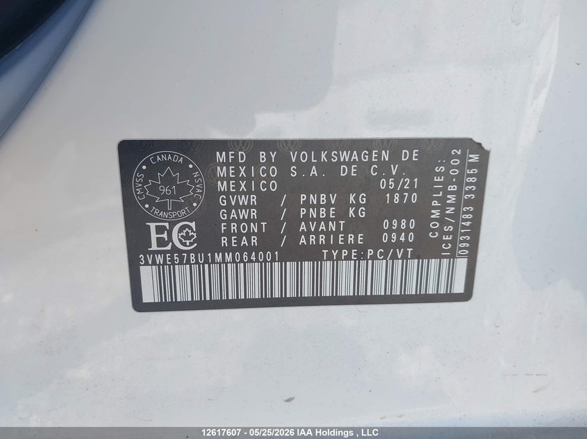 2021 Volkswagen Jetta VIN: 3VWE57BU1MM064001 Lot: 12617607
