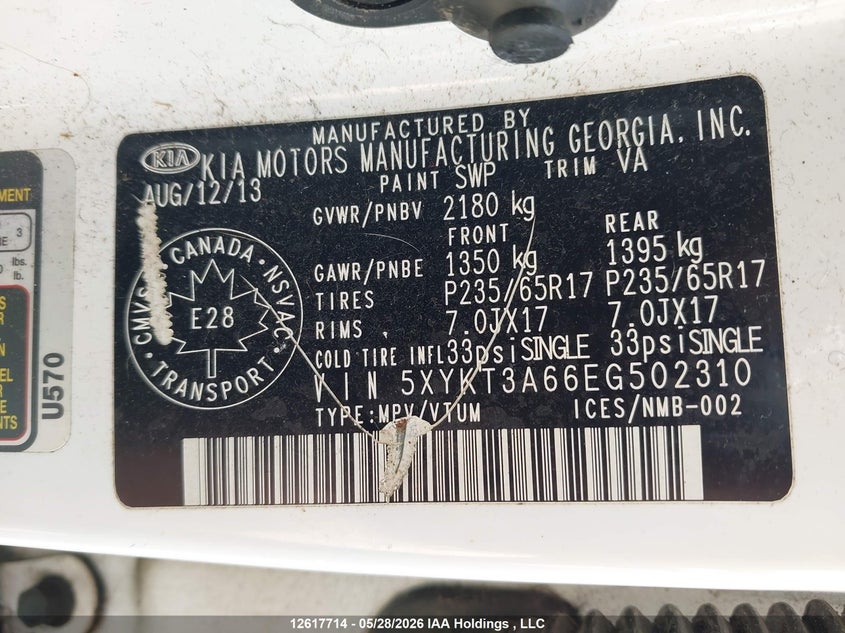 2014 Kia Sorento Lx/Se VIN: 5XYKT3A66EG502310 Lot: 12617714