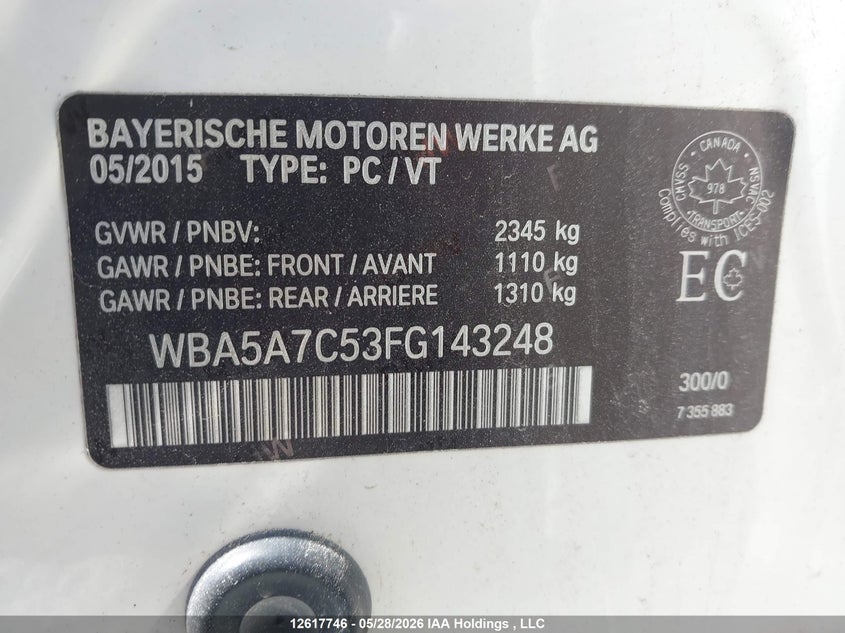 2015 BMW 528I xDrive VIN: WBA5A7C53FG143248 Lot: 12617746