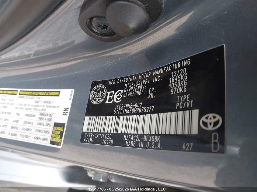 2021 Toyota Corolla Se VIN: 5YFB4MBE8MP075277 Lot: 12617786